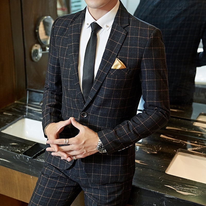 Slim Fit Korean Business Suit for Men – Plaid Blazer & Pants Set