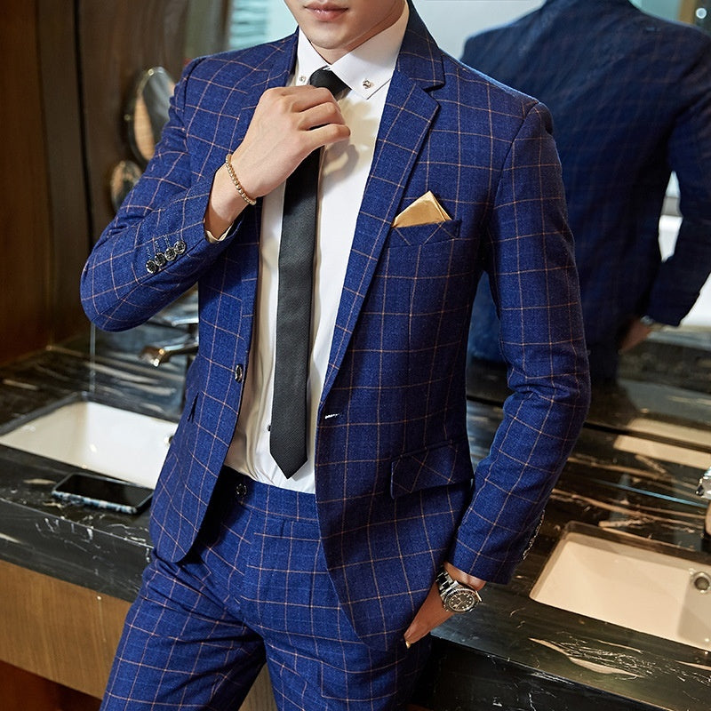 Slim Fit Korean Business Suit for Men – Plaid Blazer & Pants Set