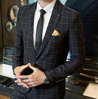 Slim Fit Korean Business Suit for Men – Plaid Blazer & Pants Set