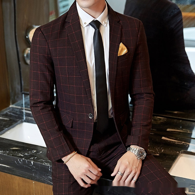 Slim Fit Korean Business Suit for Men – Plaid Blazer & Pants Set