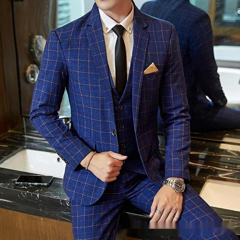 Slim Fit Korean Business Suit for Men – Plaid Blazer & Pants Set
