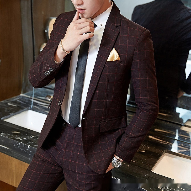 Slim Fit Korean Business Suit for Men – Plaid Blazer & Pants Set